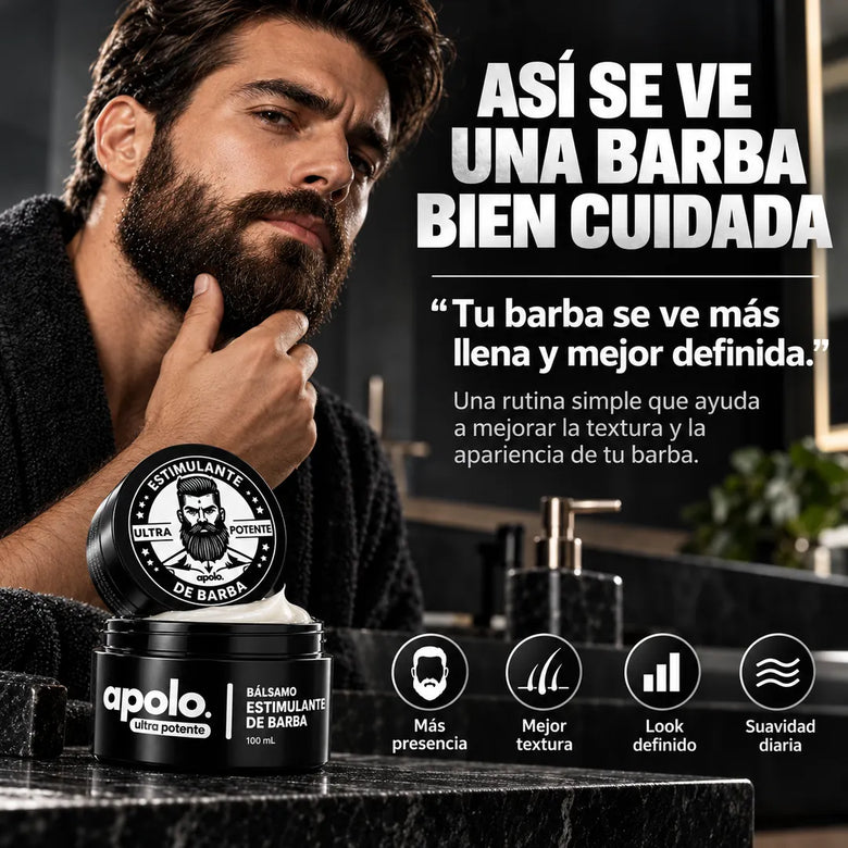 Hombre con barba bien cuidada junto al frasco Apolo