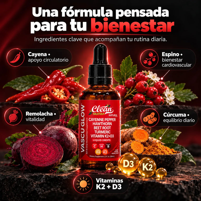 Ingredientes de Vascu Glow: cayena, espino, remolacha, cúrcuma, K2 y D3